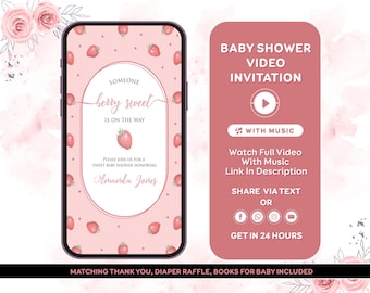 Strawberry Baby Shower Invitation, Berry Sweet Invitation, Berry Sweet Baby Shower, Blush Berry Invite Video Invitation