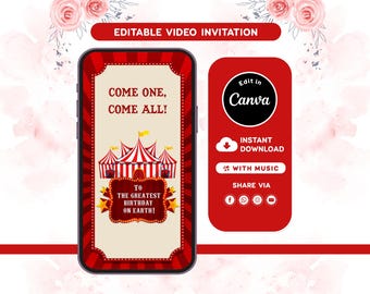 Circus Birthday Video Invitation | Carnival Party Invite | Editable Canva Template