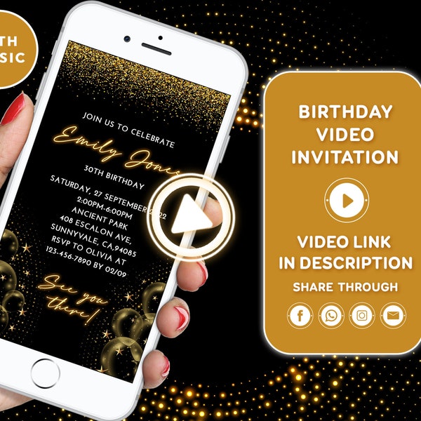 Globos negros y dorados Invitación de cumpleaños Video invitación Cualquier edad Negro y dorado 40 cumpleaños Negro y dorado 50 cumpleaños 60 cumpleaños