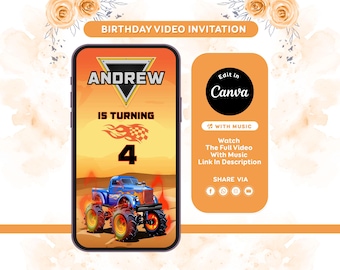 Monster Truck Birthday Invitation | Monster Jam Party Invite | Editable Canva Template