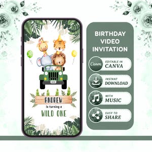 Safari Birthday Invitation Video, Wild One Jungle Animals Invite, Editable Canva Template image 1