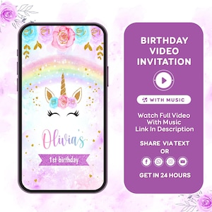 Unicorn Birthday Invitation, Pastel Unicorn invitation, Rainbow Unicorn invitation, Unicorn invite, Girl 1st Birthday, Video invitation