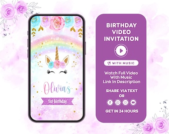 Unicorn Birthday Invitation, Pastel Unicorn invitation, Rainbow Unicorn invitation, Unicorn invite, Girl 1st Birthday, Video invitation