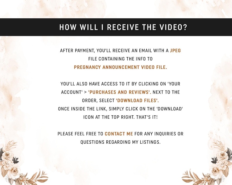 Puede incluir: Texto sobre un fondo blanco que explica c&oacute;mo recibir un video de anuncio de embarazo despu&eacute;s de la compra. El texto dice "&iquest;C&Oacute;MO RECIBIR&Eacute; EL VIDEO?" e incluye instrucciones sobre c&oacute;mo descargar el archivo de video.