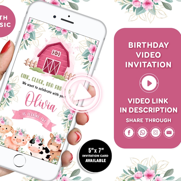 Farm Birthday Invitation Barn Animals Party invite Ranch Kids Birthday Floral Barnyard Animals Girl Farm birthday Video Invitation