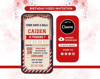 Baseball Birthday Invitation Video, First Birthday, Editable Canva Template