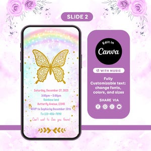 Pode incluir: Um smartphone exibe um convite digital com um design de borboleta dourada em um fundo de arco-&iacute;ris. O convite inclui detalhes do evento e o texto "Edit in Canva". Uma barra lateral roxa oferece op&ccedil;&otilde;es de personaliza&ccedil;&atilde;o.
