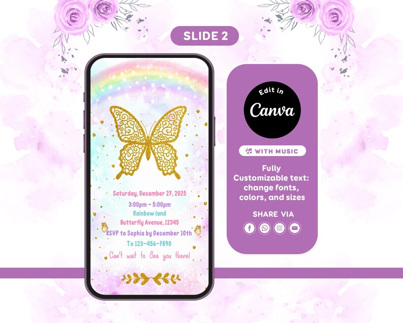 Pode incluir: Um smartphone exibe um convite digital com um design de borboleta dourada em um fundo de arco-&iacute;ris. O convite inclui detalhes do evento e o texto "Edit in Canva". Uma barra lateral roxa oferece op&ccedil;&otilde;es de personaliza&ccedil;&atilde;o.