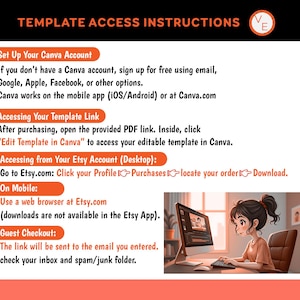 May include: Instructions for accessing a template, with text that reads "TEMPLATE ACCESS INSTRUCTIONS". The image includes steps for setting up a Canva account, accessing the template link, and accessing from an Etsy account. A cartoon woman is shown at a computer.