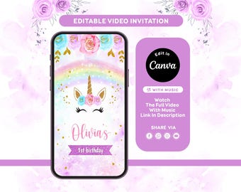 Invitación de video de cumpleaños de unicornio / Invitación de fiesta de unicornio arcoíris pastel / Plantilla editable de Canva