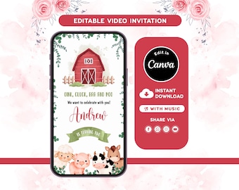 Farm Animals Birthday Video Invitation, Barnyard Invite, Editable Canva Template