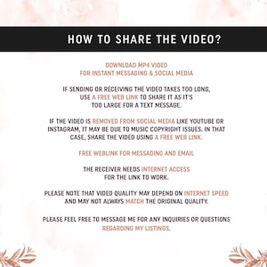 Puede incluir: Un fondo blanco con texto negro que explica c&oacute;mo compartir un video. El texto incluye instrucciones para compartir un video a trav&eacute;s de mensajer&iacute;a instant&aacute;nea, redes sociales y correo electr&oacute;nico. Tambi&eacute;n menciona que la calidad del video puede depender de la velocidad de Internet.