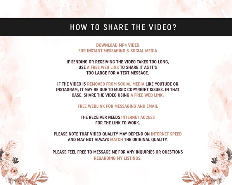 Puede incluir: Un fondo blanco con texto negro que explica c&oacute;mo compartir un video. El texto incluye instrucciones para compartir un video a trav&eacute;s de mensajer&iacute;a instant&aacute;nea, redes sociales y correo electr&oacute;nico. Tambi&eacute;n menciona que la calidad del video puede depender de la velocidad de Internet.