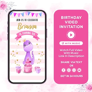 Pink Dinosaur Birthday Invitation Pink & Gold Dinosaur Birthday Invite Girl Dinosaur Dinosaur Party Dino Invitation Video Invitation