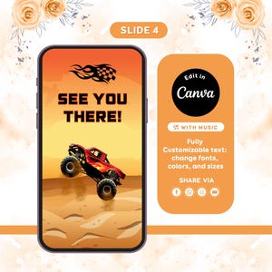 Pu&ograve; includere: Un modello digitale visualizzato sullo schermo di uno smartphone con un monster truck rosso che salta su un paesaggio sabbioso con il testo SEE YOU THERE! e un'icona a fiamma a scacchi. Un pannello arancione include il testo Edit in Canva.