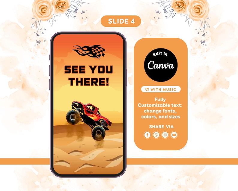 Pu&ograve; includere: Un modello digitale visualizzato sullo schermo di uno smartphone con un monster truck rosso che salta su un paesaggio sabbioso con il testo SEE YOU THERE! e un'icona a fiamma a scacchi. Un pannello arancione include il testo Edit in Canva.