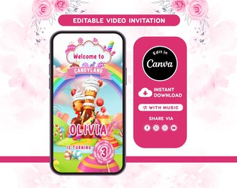 Candyland Geburtstagseinladung mit Video | Süße Party einladen Bearbeitbare Canva Vorlage