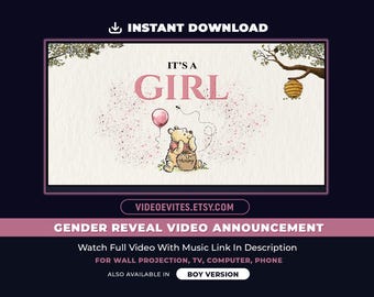 Könnte beinhalten: Eine digitale Videoankündigung zur Geschlechterenthüllung mit Winnie Puuh, der einen rosa Luftballon neben einem Honigtopf hält. Der Text lautet IT'S A GIRL, VIDEOEVITES.ETSY.COM, GENDER REVEAL VIDEO ANNOUNCEMENT, WATCH FULL VIDEO WITH MUSIC LINK IN DESCRIPTION.