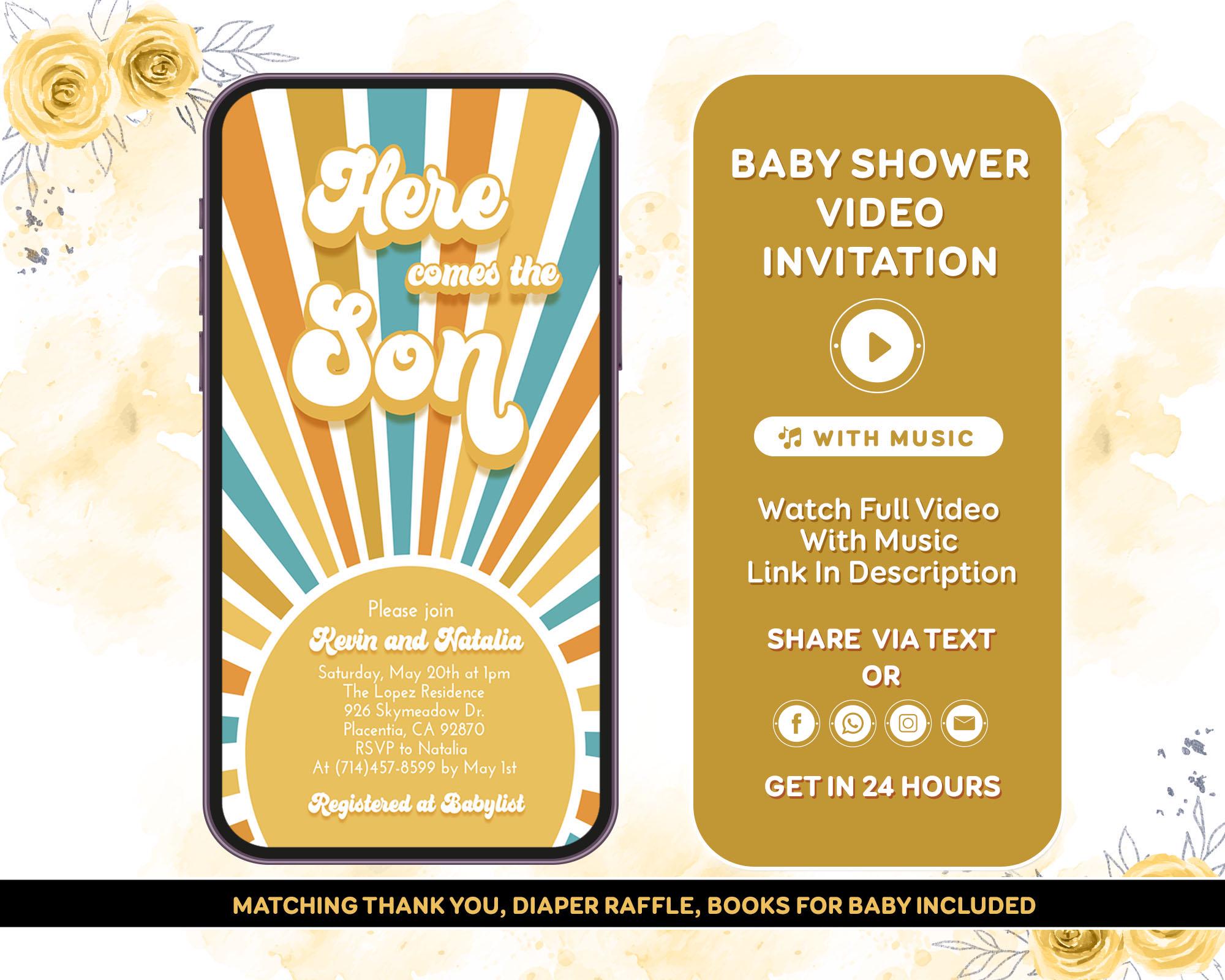 Sunshine Baby Shower Invitation, Here Come The Son Baby Shower Invitation, Boy Sonshine baby Shower, Boho Sunshine Shower, Video Invitation