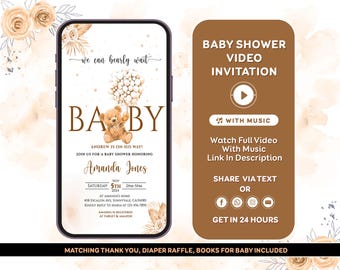 Teddy bear baby shower invitation We Can Bearly Wait Baby Shower Invite Gender Neutral Baby Shower Invite Video Invitation