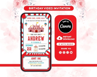 Vídeo de convite de aniversário com tema de carnaval | Convite com ingresso de circo | Modelo editável do Canva