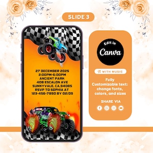 Pu&ograve; includere: Un modello di invito digitale su uno schermo di smartphone con due monster truck, uno sfondo a scacchi e fiamme arancioni. Il testo include i dettagli dell'evento per il 27 dicembre 2025 presso Ancient Park, Sunnyvale, CA, con informazioni RSVP.
