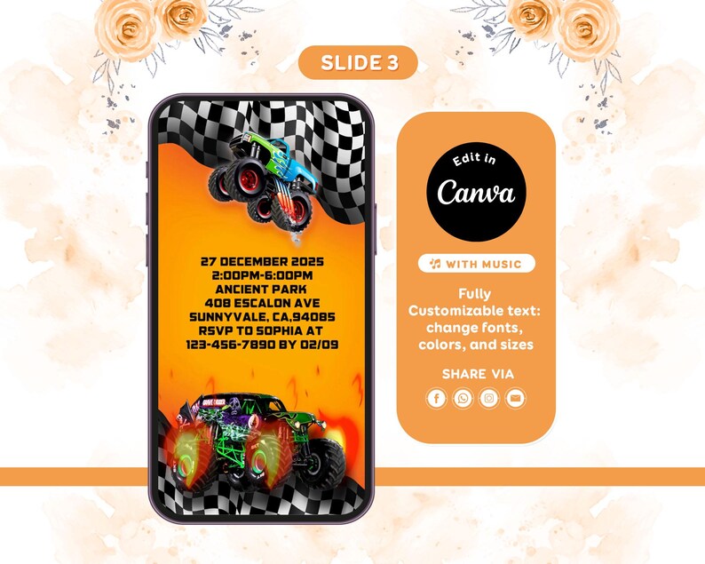 Pu&ograve; includere: Un modello di invito digitale su uno schermo di smartphone con due monster truck, uno sfondo a scacchi e fiamme arancioni. Il testo include i dettagli dell'evento per il 27 dicembre 2025 presso Ancient Park, Sunnyvale, CA, con informazioni RSVP.