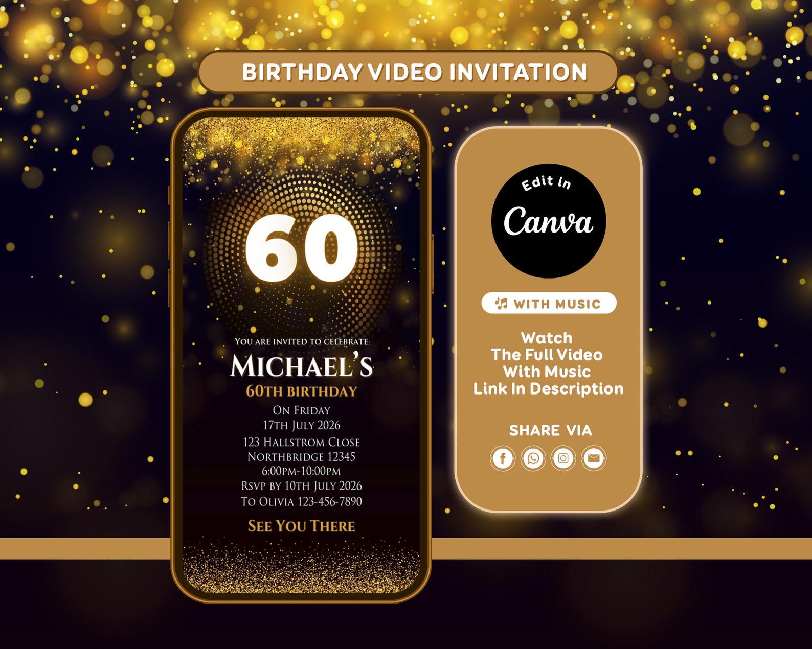 Editable Black Gold Birthday Invitation | Any Age Party Invite | Canva ...
