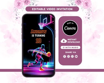 Basketball Birthday Video Invitation | Glow Party Invite | Editable Canva Template