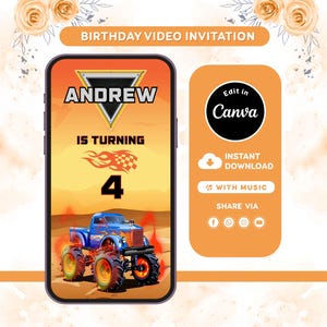 Pu&ograve; includere: Un invito video digitale di compleanno visualizzato su uno schermo di smartphone con un monster truck blu, il nome ANDREW, il testo IS TURNING 4 e una bandiera a scacchi. L'interfaccia include pulsanti per la modifica su Canva e la condivisione.