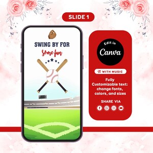K&ouml;nnte beinhalten: Ein Smartphone-Bildschirm zeigt eine Baseball-Grafik mit dem Text "SWING BY FOR Some fun". Das Design umfasst einen Baseball, gekreuzte Schl&auml;ger und ein Baseballfeld. Ein rotes Rechteck auf der rechten Seite zeigt "Edit in Canva".