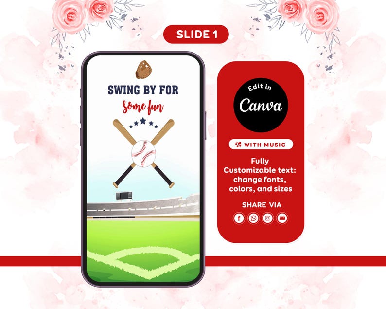 K&ouml;nnte beinhalten: Ein Smartphone-Bildschirm zeigt eine Baseball-Grafik mit dem Text "SWING BY FOR Some fun". Das Design umfasst einen Baseball, gekreuzte Schl&auml;ger und ein Baseballfeld. Ein rotes Rechteck auf der rechten Seite zeigt "Edit in Canva".