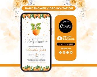 Little Cutie Baby Shower Invitation | Editable Orange Theme Invite | Gender Neutral Canva Template
