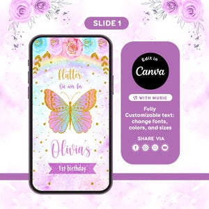 Pode incluir: Um ecr&atilde; de smartphone exibe um design de convite de anivers&aacute;rio. O design apresenta uma borboleta com detalhes de glitter dourado, o texto "Flutter On was fir" e "Olivia's 1st birthday". Um bot&atilde;o roxo do Canva est&aacute; &agrave; direita.