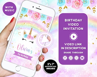 Unicorn Birthday Invitation Pastel Unicorn invitation Rainbow Unicorn Birthday invitation Unicorn invite 1st Birthday Girl Video invitation