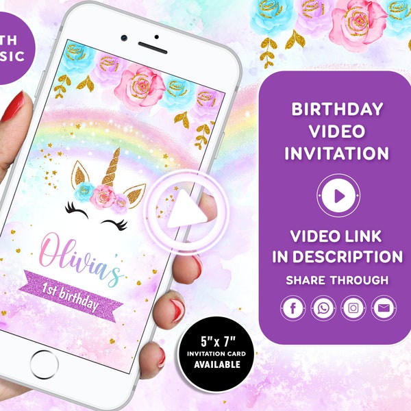 Unicorn Birthday Invitation Pastel Unicorn invitation Rainbow Unicorn Birthday invitation Unicorn invite 1st Birthday Girl Video invitation