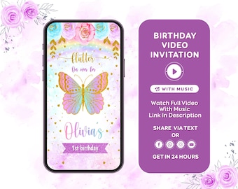 Butterfly Birthday Invitation, Floral Butterfly Invitation, First Birthday Invitation, Girl Butterfly party, Video invitation