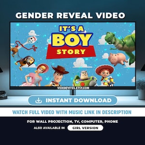 May include: A digital gender reveal video display on a monitor featuring Toy Story characters including Woody, Buzz Lightyear, and Rex. The screen text reads IT'S A BOY STORY, VIDEOEVITES.ETSY.COM, INSTANT DOWNLOAD, and WATCH FULL VIDEO WITH MUSIC LINK IN DESCRIPTION.