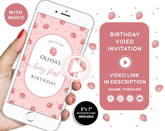 Berry First Birthday Invitation Modern Strawberry Invitation Strawberry Birthday Video Invitation 1st Birthday Berry Birthday Girl Birthday