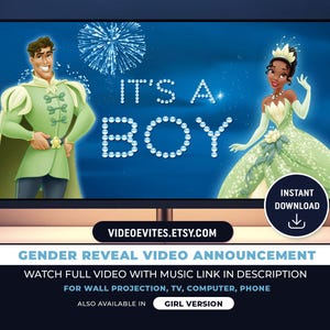 Gender Reveal Video Instant Download Princess and the Frog Gender Reveal Movie Boy or Girl Gender Reveal Video Announcement It&#39;s a Boy