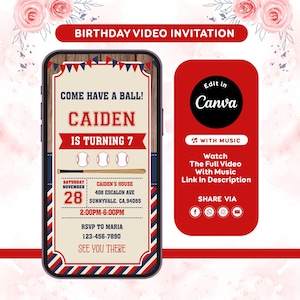 K&ouml;nnte beinhalten: Eine digitale Geburtstagsvideoeinladung auf einem Smartphone-Bildschirm. Das Design zeigt ein Baseball-Thema mit dem Text "Come Have a Ball!" und Details f&uuml;r eine 7. Geburtstagsfeier, einschlie&szlig;lich des Namens "Caiden". Die Einladung ist rot, wei&szlig; und blau.