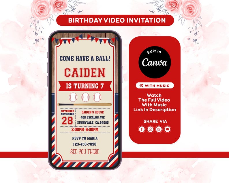 K&ouml;nnte beinhalten: Eine digitale Geburtstagsvideoeinladung auf einem Smartphone-Bildschirm. Das Design zeigt ein Baseball-Thema mit dem Text "Come Have a Ball!" und Details f&uuml;r eine 7. Geburtstagsfeier, einschlie&szlig;lich des Namens "Caiden". Die Einladung ist rot, wei&szlig; und blau.