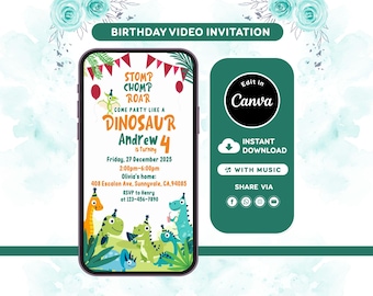 Video di invito per una festa di compleanno a tema dinosauri, invito per una festa a tema T-Rex giurassico, modello Canva modificabile