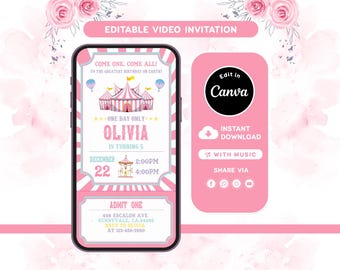 Carnival Birthday  Video Invitation, Pastel Circus Ticket Invite, Editable Canva Template