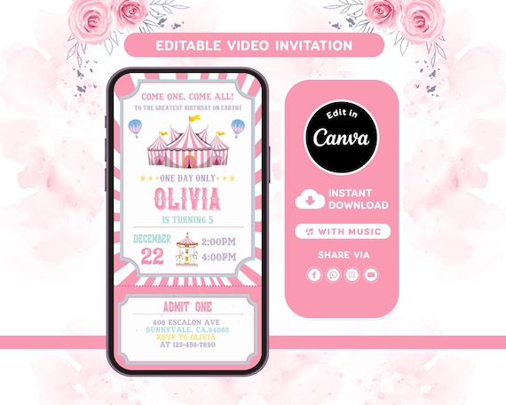 Carnival Birthday  Video Invitation, Pastel Circus Ticket Invite, Editable Canva Template