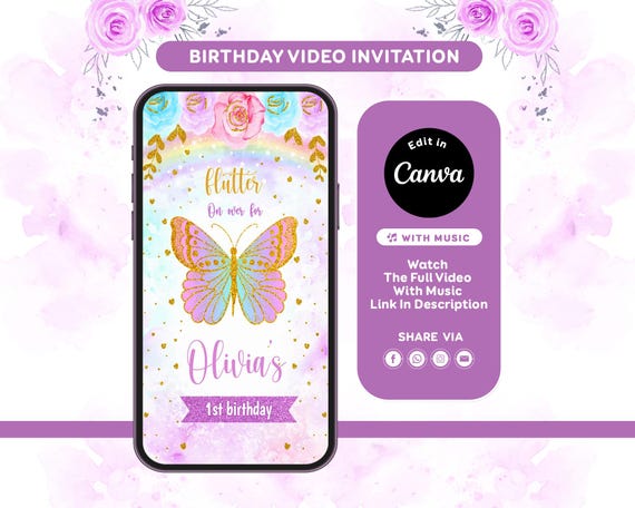 Butterfly Birthday Invitation, Editable Floral Girl 1st Birthday Invite, Canva Template