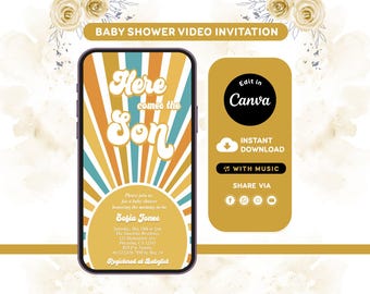 Convite editável para chá de bebê com tema de sol | Modelo Canva | Lá vem o filho