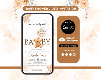 Teddy Bear Baby Shower Invitation, Editable Canva Template, Gender Neutral Invite