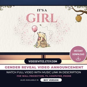 Instant Download Gender Reveal Movie, Winnie The Pooh Gender Reveal Video, Boy or Girl Gender Reveal Video Announcement, It&#39;s a Girl