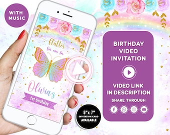 Butterfly Birthday Invitation First Birthday Invitation Butterfly Birthday Girl Butterfly Video invitation Girl Butterfly Party